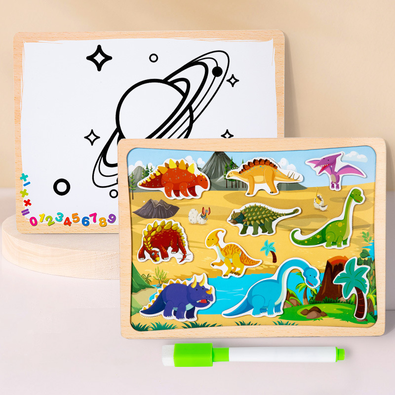 Tablero de graffiti cognitivo magnético de madera de doble cara rompecabezas números letras dinosaurios tráfico animal rompecabezas tridimensional de 3 a 6 años