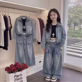 女童烫钻牛仔套装2026新款春秋复古大口袋工装牛仔阔腿裤两件套潮