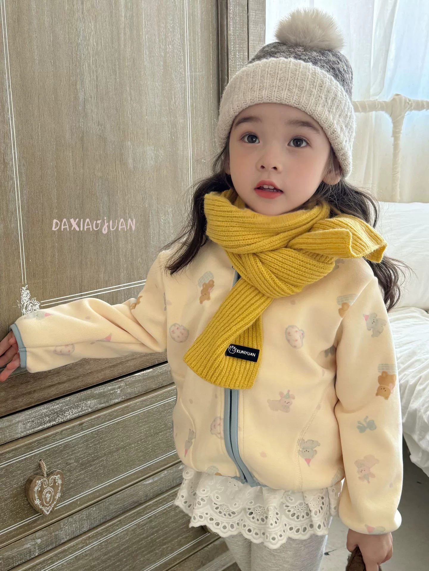 大小卷 Demi-season children's cartoon velvet keep warm jacket with zipper for men and women, Korean style