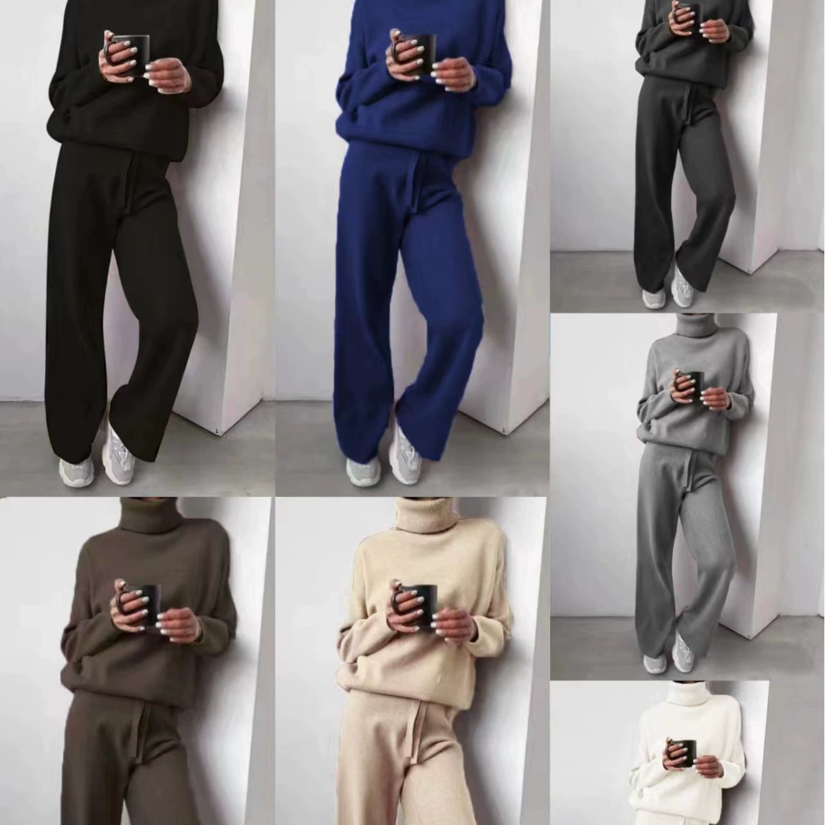 Модный костюм 2025 осень-зима, кросс-бордер Amazon, европейский и американский стиль, высокий воротник, однотонный, комбинированный, трикотажный, двухкомпонентный комплект