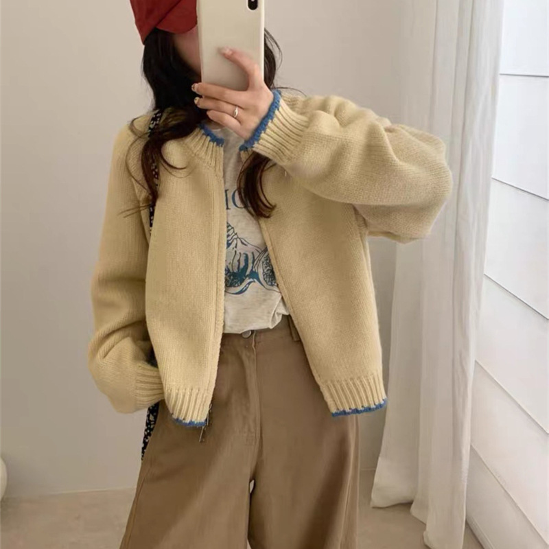 韩系圆领拉链毛衣外套女宽松2025秋冬季季新款撞色边针织开衫外穿|undefined