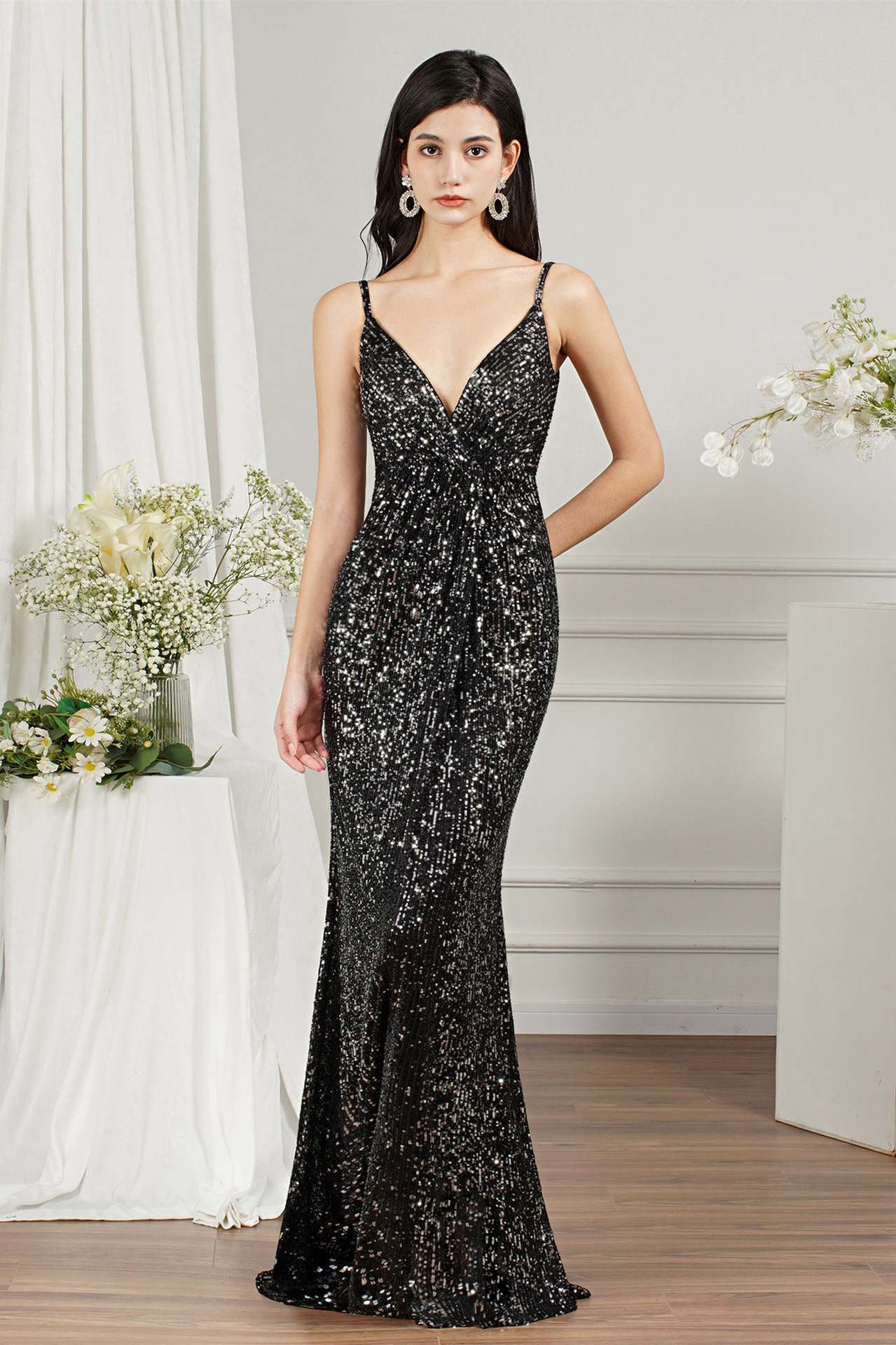 Comercio exterior europeo y americano nueva correa sin mangas con cuello en V delgado vestido largo banquete vestido de noche vestido de lentejuelas