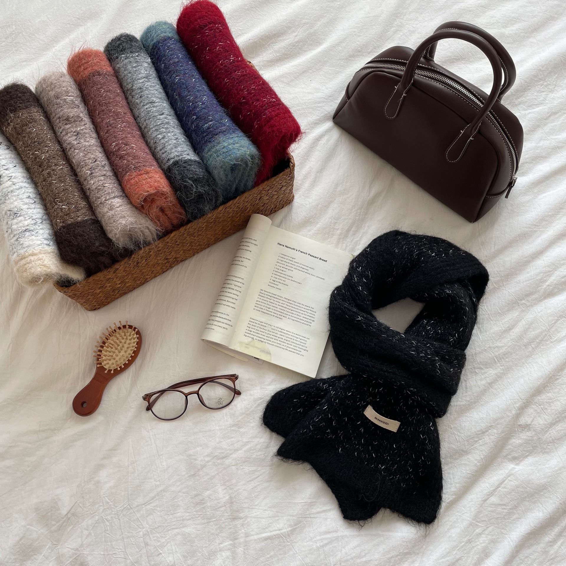 Écharpe à bordure contrastée en fil à pois pour l'automne et l'hiver, nouvelle écharpe tricotée en mohair collant doux, simple, à la mode et_voghion.com