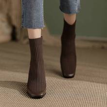 時尚針織彈力襪靴女2023年新款粗跟春秋單靴瘦瘦短靴高跟彈力靴子
