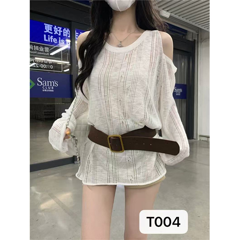 Off-Shoulder Hollow Long-Sleeved Knitted Autumn Slightly See-Through Loose Lazy Style Loose Sun Protection Blouse Women's Sweater Factory