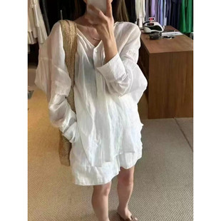 Ys8 Korean Style 2025 Summer New Design V Neck Long-Sleeved Ramie Shirt Women + Pants Suit Sun Protection Clothing