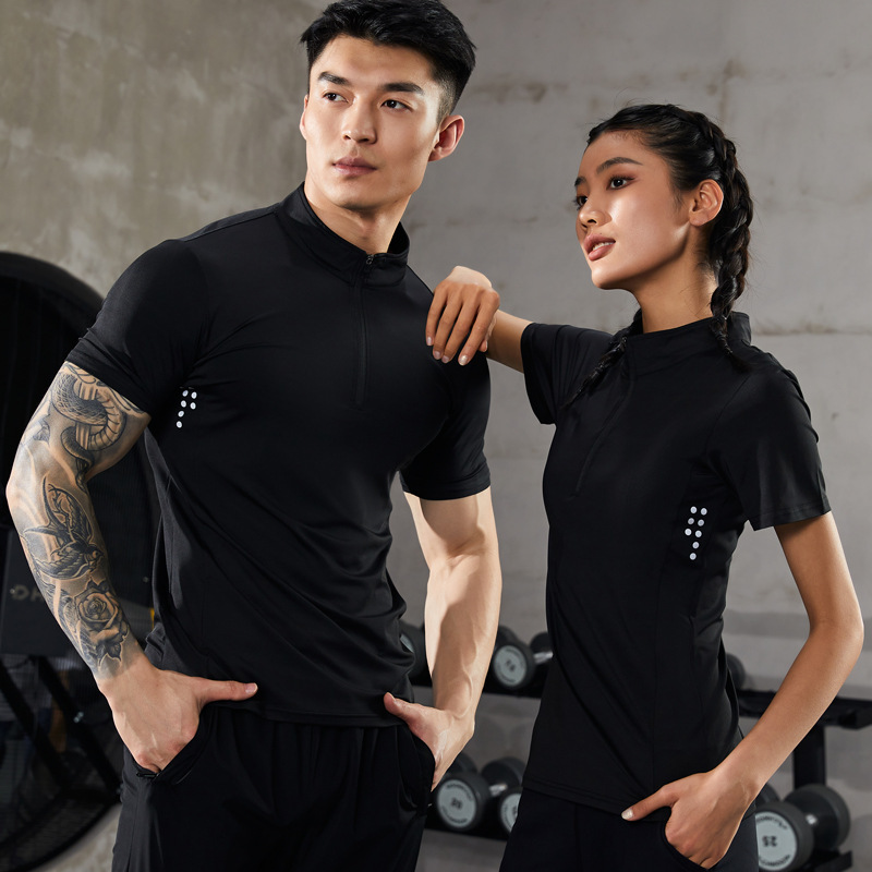 Fitness Clothing Men's Tight-Fitting Quick-Drying Clothing High-Elastic Stand-Up Collar Training Sports T-Shirt Tops Personal Training Group Clothes Overalls Printing