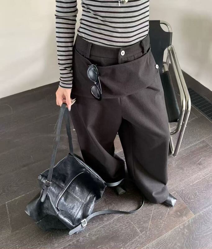 韩系假两件设计拼接屁帘小众阔腿裤女2025秋季新款气质休闲拖地裤|undefined