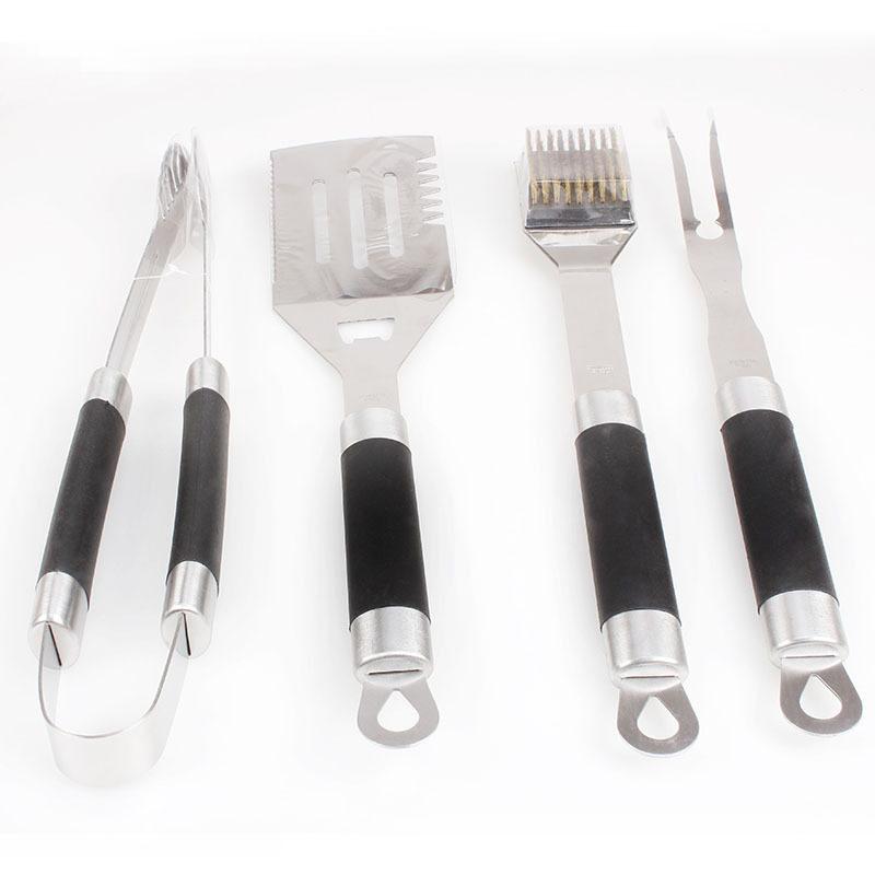 FUENTE de fábrica de acero inoxidable barbacoa para hornear Juego de 4 piezas bolsa de tela herramienta de barbacoa mango de goma para hornear pala tenedor