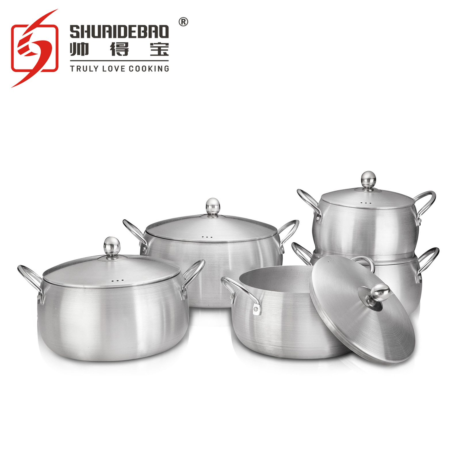 Shuaidebao fuente fábrica exportación aluminio necking lijado olla profundización sopa olla conjunto de diez piezas olla