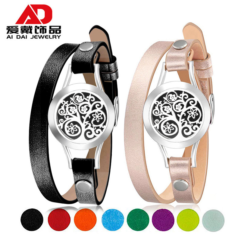 25MM Stainless Steel Hollow Essential Oil Diffusion Perfume Life Tree Bracelet Leather Bracelet Aromatherapy Bracelet
