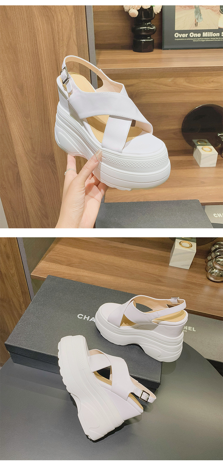 Sandal da bò hở mũi gót xuồng 14cm tăng chiều cao phong cách La Mã — Màu trắng, Màu mơ chi tiết 10