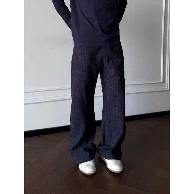 French Retro Plaid Men's Straight-Leg Cleanfit Old Money Style Loose Versatile Casual Long Pants Spring and Autumn Trousers