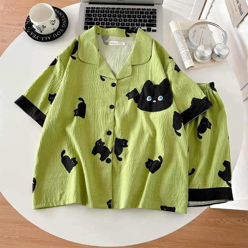 韓国イン小さな黒猫パジャマ女性のための夏 2025 新しいクラウドコットンラペルは家の服スーツの外で着用できます|undefined