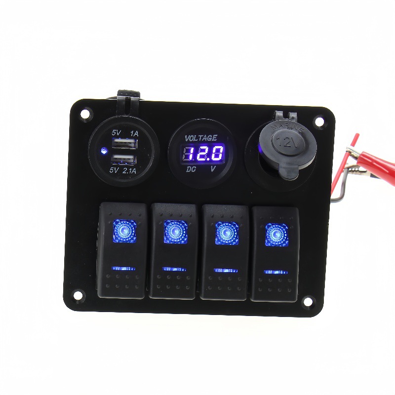 房车组合面板翘板开关游艇改装USB车充点烟器插座带LED灯蓝绿红色