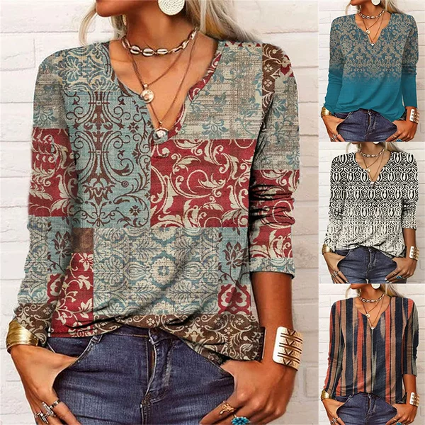 [Ready Stock] Amazon Aliexpress Wish2023 Autumn and Winter Loose Long-Sleeved Flower V Neck T-Shirt Bottoming Shirt for Women