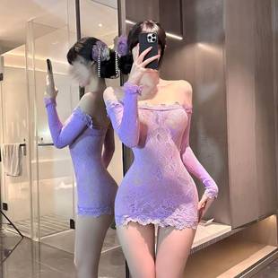 Purple Sexy Lingerie, Sexy One-Shoulder Lace Nightclub Pure Lust Hottie Tube Top Mesh Dress, Hip Skirt, Tearable Pajamas