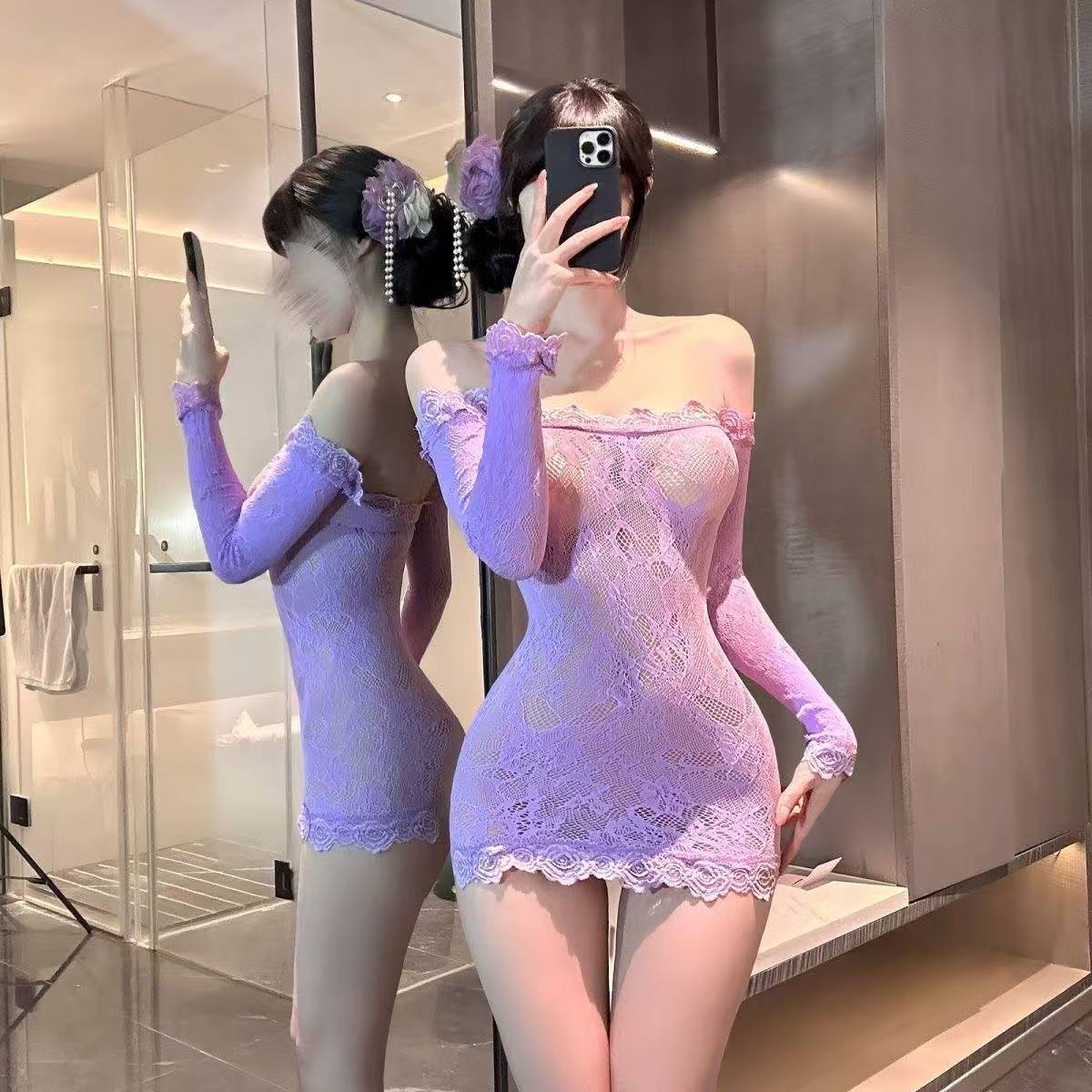 One-Shoulder Lace Mesh Mini Dress with Tear-Away Hip Skirt, Sheer Black Lingerie — detail image 2