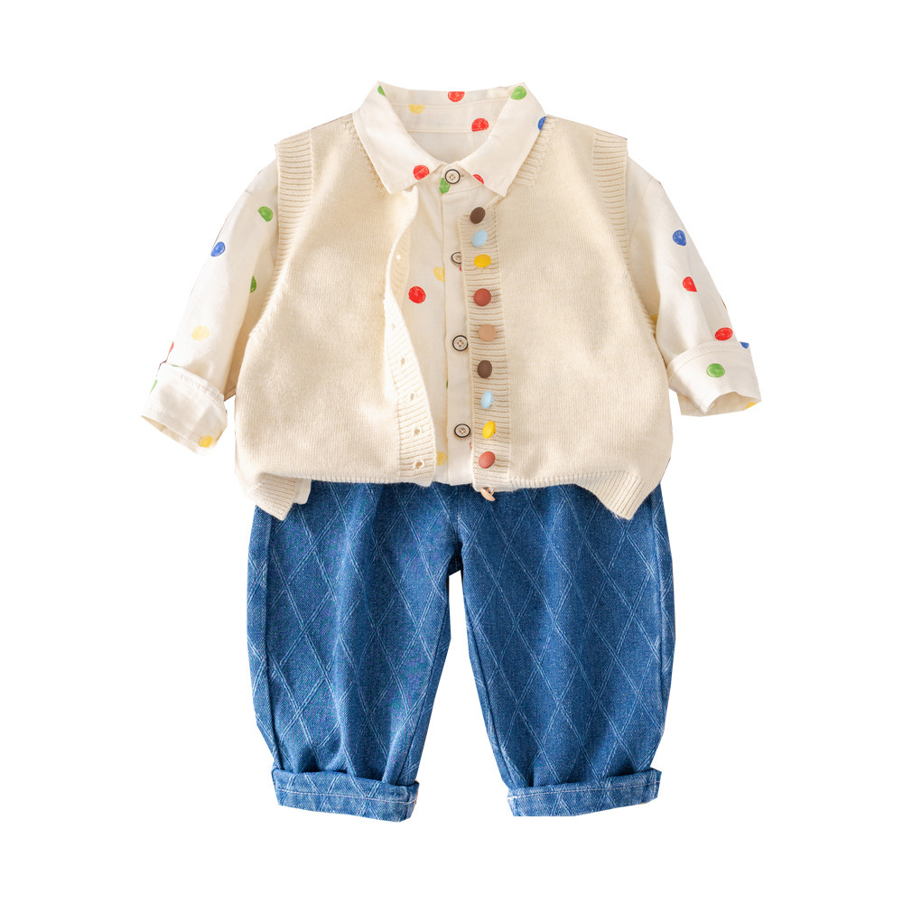 Boys' Spring And Autumn New Colorful Button Sweater Three-Piece Set 2025 Stylish Baby Long Sleeve Outfit Infant_voghion.com