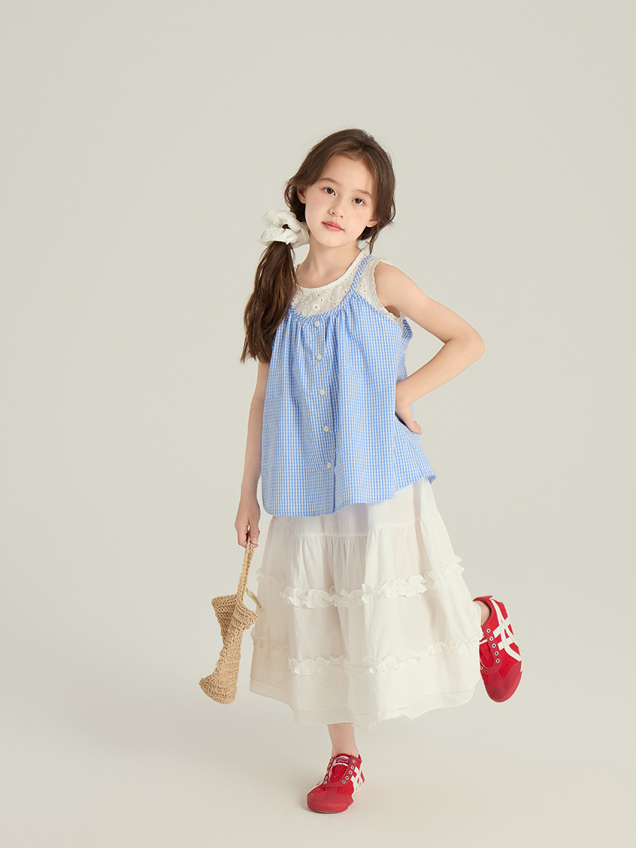 Emo Beibei Children's Wear Girl's Fresh Blue and White Plaid Doll Shirt Children's Fake Two-piece Camisole Top Summer