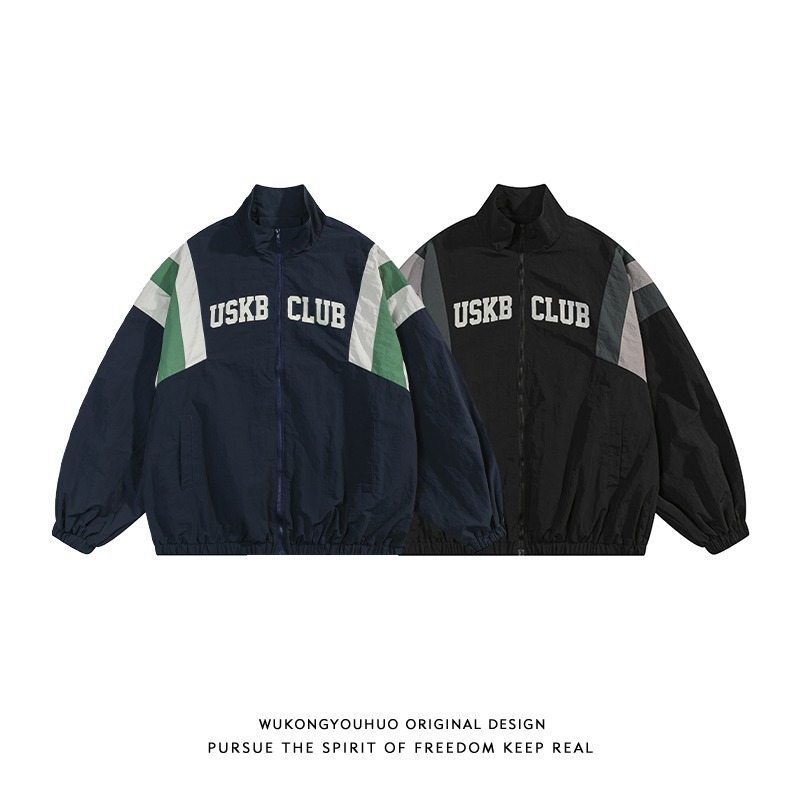 American retro calle costura stand collar chaqueta hombres y mujeres 2024 primavera nueva vintage deportes top