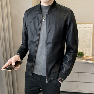 2023 Spring and Autumn Short Youth Leather Jacket Thin Men's Korean Style Slim Fit Motorcycle Trendy Stand Collar Leather Jacket