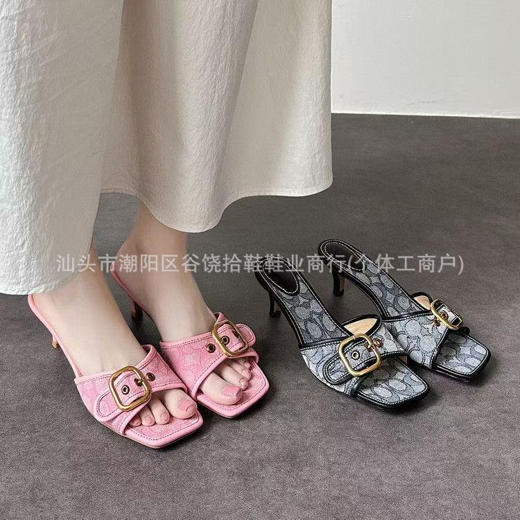 C brand foreign trade French style comfortable stiletto high-heeled sandals 26 new summer fashion square-toed slip-on sandals