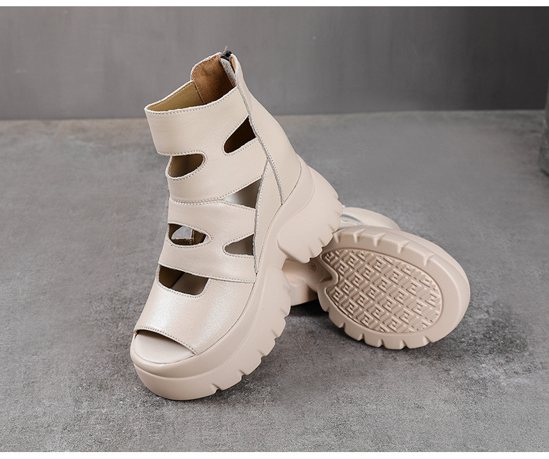 Giày sandal cao gót nữ hở mũi da bò thật đế dày tăng chiều cao — màu đen chi tiết 14