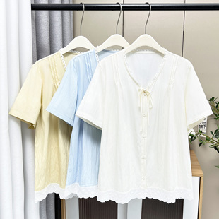 Plus Size Women's New Summer Style Age-Reducing Elegant Small Fresh Lace V-Neck Short-Sleeved Shirt Fat mm Top 7398