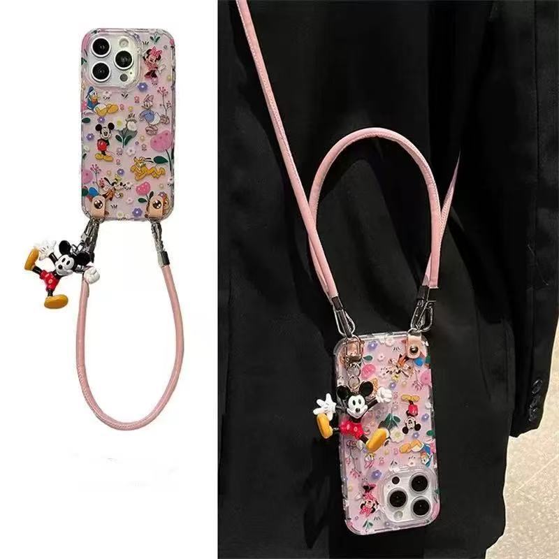 Lindo Mickey floral de dibujos animados para iPhone15 Apple 16ProMax cuero diagonal 14 funda para teléfono 13 hembra 16