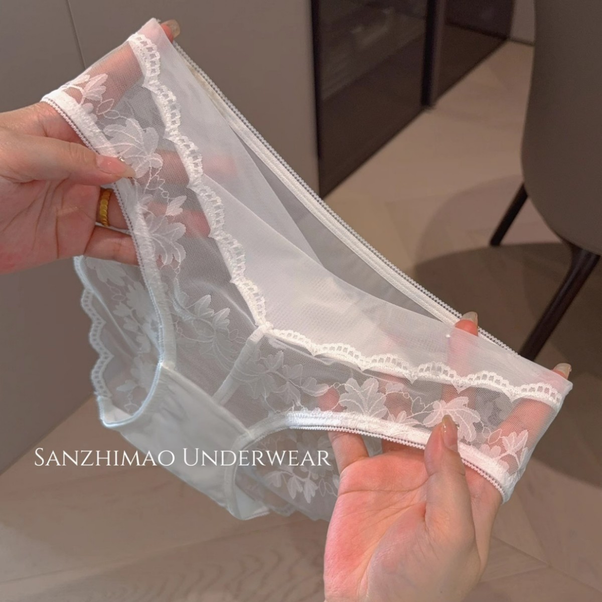 2025 New French Lace Pure Lust Pure Color Satin Cut Out Low Waist Briefs Women's Breathable Cotton Crotch Silk Satin