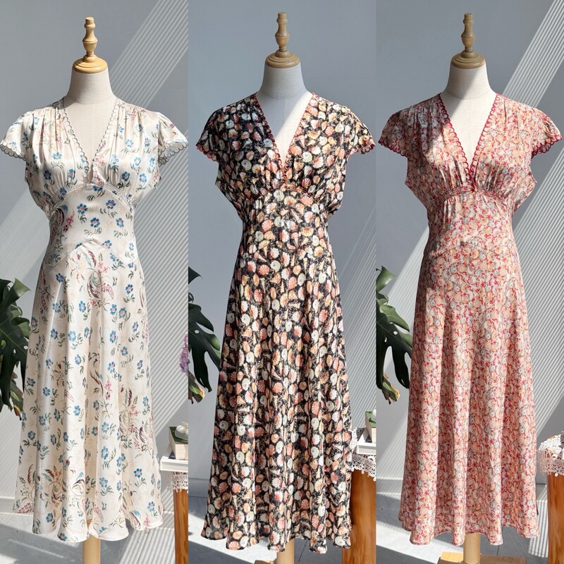 American Niche Gentle D * EN Retro Pearl Shell Print Elegant Silk Long Dress Short Sleeve Dress
