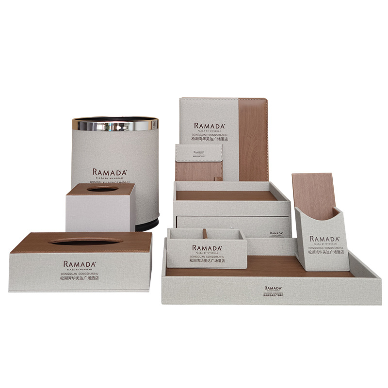 Caja de almacenamiento de artículos de tocador de cuero de calidad comercial para hoteles de lujo, caja de suministros de guía de servicio de cuero, fábrica de cuero