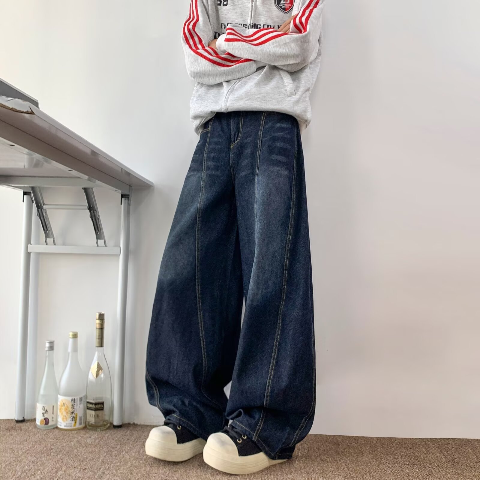 美式复古水洗弯刀牛仔裤男女春秋辣妹高街设计感宽松阔腿拖地裤子