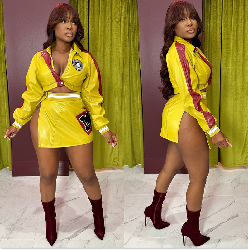 [in Stock] Ys8003 European and American 2025 Hot Girl Motorcycle Pu Leather Printed Jacket + Slit Skirt Set