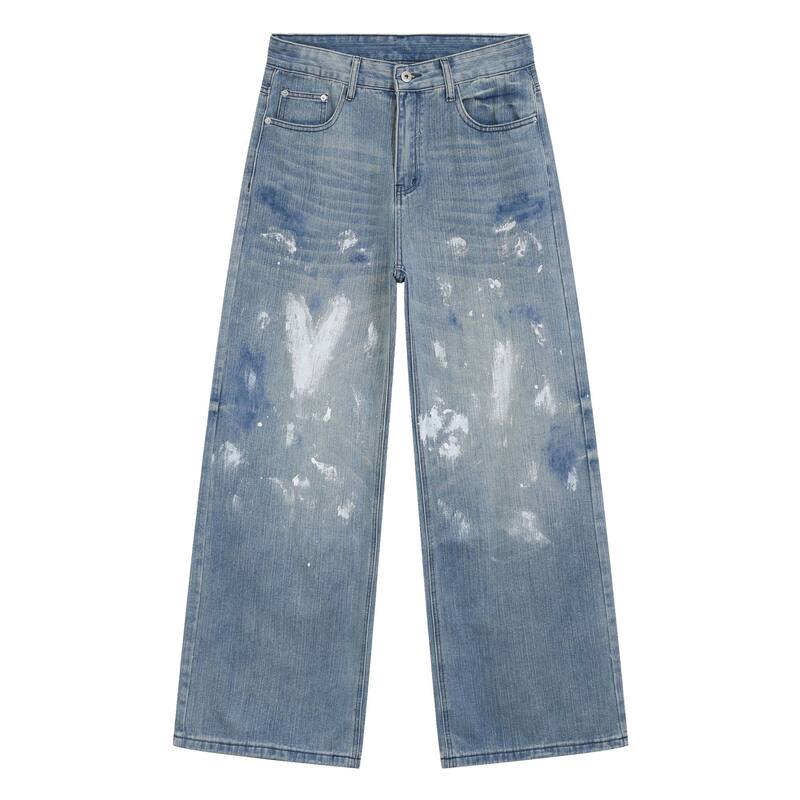 Quần jeans nam ống rộng dáng thẳng phong cách Hàn Quốc, họa tiết vẽ tay độc đáo — Màu xanh dương