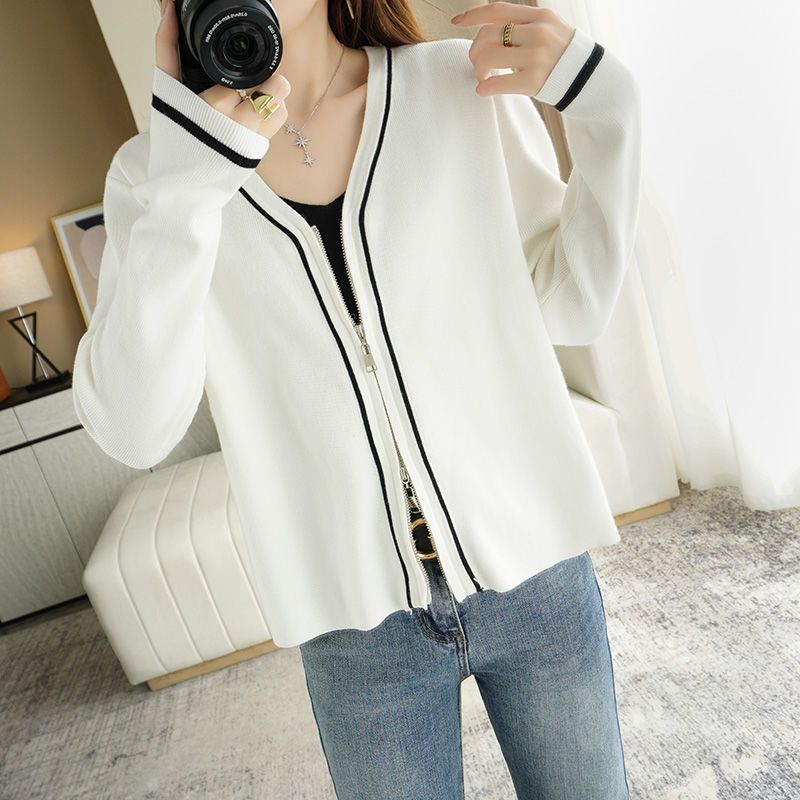 2025春秋新款针织拉链拼色韩版打底衫V领拼色外套修身上衣冰爽丝