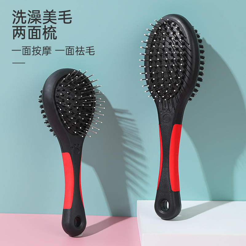 mango de plástico negro pegamento rojo dos lados peinado gato y perro general acero inoxidable aguja peinado pelo peinado mascotas al por mayor