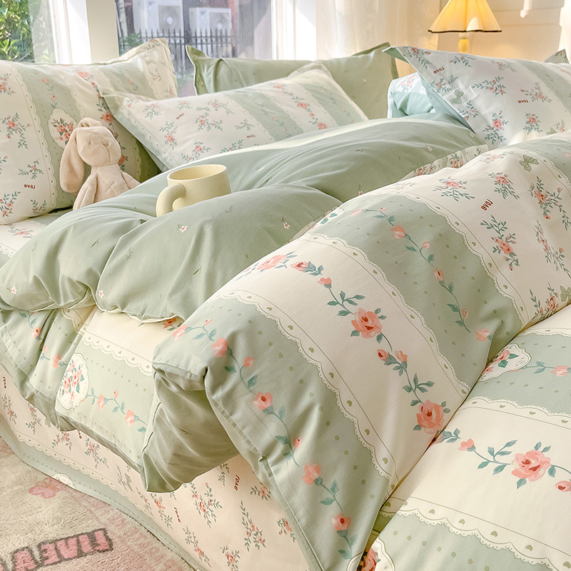 Juego de cuatro piezas de algodón puro, ropa de cama de algodón 100% estilo nuevo 2026, funda nórdica floral fresca, sábana, juego de tres piezas para dormitorio, sábana ajustable.