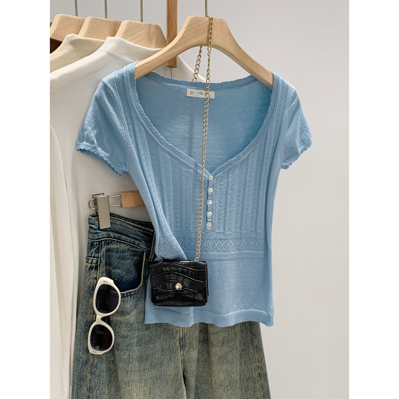European-Style V-Neck Buttoned Short-Sleeve Knit Top for Women, Summer 2026 New Hollow-Out Thin Slim-Fit Slimming Top European-Style V-Neck Buttoned Short-Sleeve Knit Top for Women, Summer 2026 New Hollow-Out Thin Slim-Fit Slimming Top