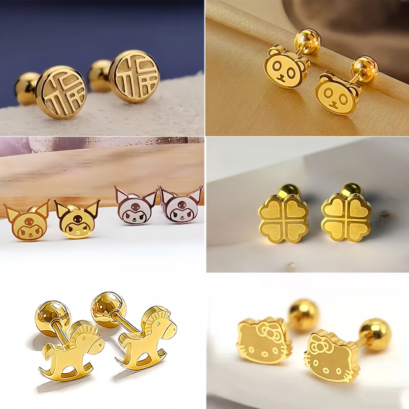 316 Stainless Steel Cute Kuromi Cartoon Simple and Exquisite Small Fu Character Trojan Horse Four-Leaf Clover Earrings Kt Cat Style