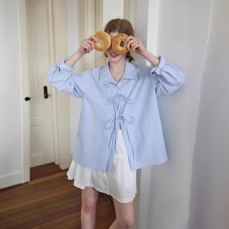 Lenm Iceland Sunset 'Vintage Linen Cotton Breathable Bow Lace-up Shoulder Lazy Shirt for Women