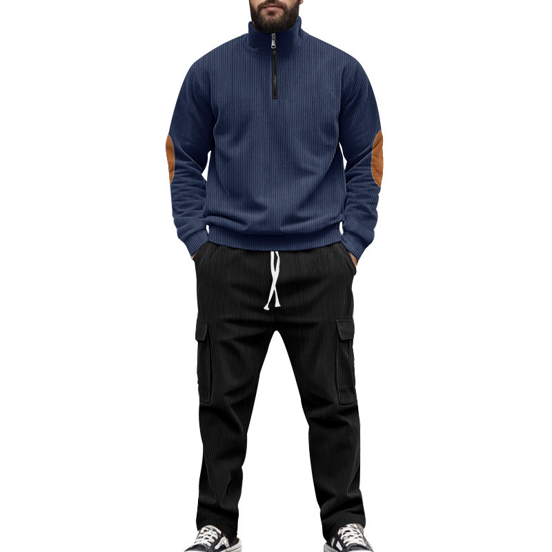 Men's Corduroy Quarter-Zip Pullover And Pants Set, Retro Textured Stand Collar Sweatshirt Outfit, Casual Fall Winter Lounge Two-Piece_voghion.com