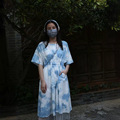 纯植物板蓝根手工蓝染扎染可调节腰双层裙摆显瘦连衣裙