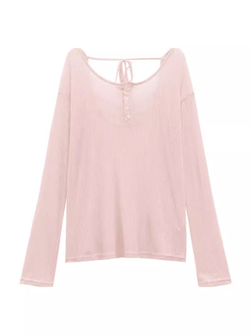 Le Ding ~ Lazy Wind Loose Slim Outer Top 순수 백리스 핑크 선 스크린 블라우스 여성용 레이스 업 블라우스