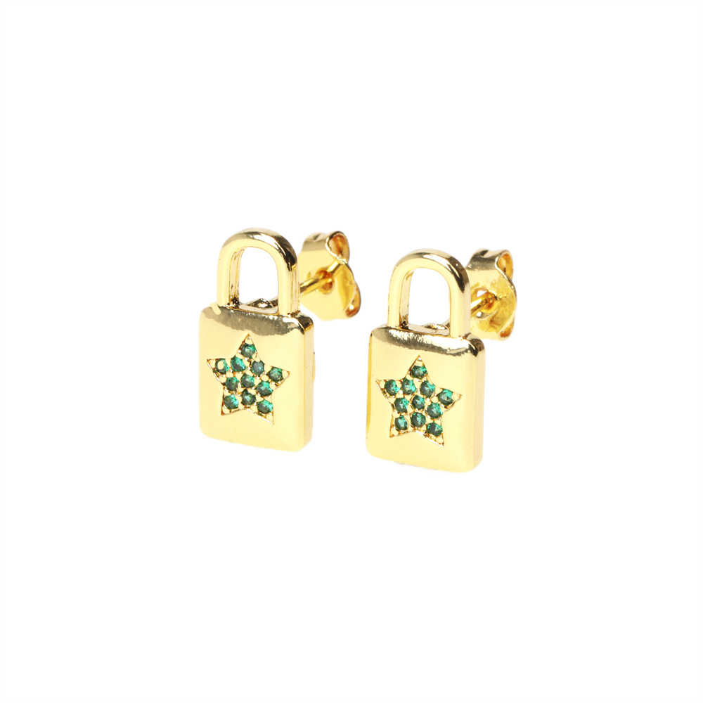 Fashion Copper Inlaid Color Zircon Lock Carved Earrings display picture 13