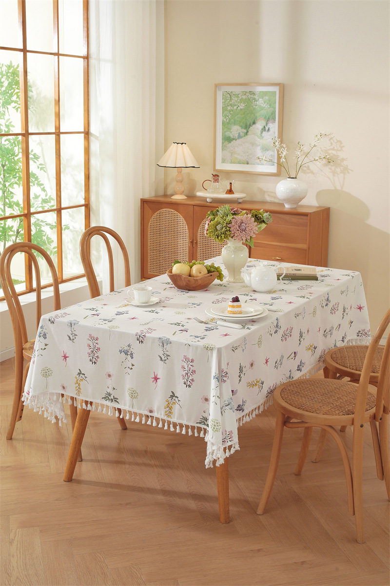 Cotton Printed Green Floral Tassel Tablecloth For Dining Table_voghion.com