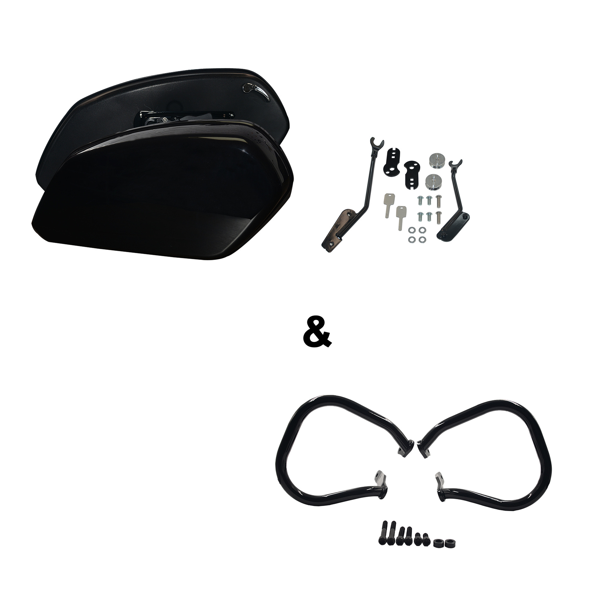 Motorcycle Side Boxes Suitable for Harley Street Bob, Road King, Low Rider S, with Protective Bars