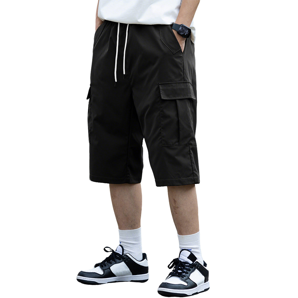 Men's Cargo Shorts Five-Point Solid Color Thin Cross-Border Loose Straight Men's Summer Multi-Pocket Drawstring Cropped Pants