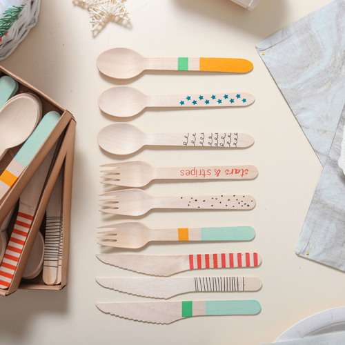 Factory Direct Supply Biodegradable Eco-Friendly Wooden Tableware Exclusive Cross-Border Disposable Forks, Spoons, and Knives - 24 Pieces per Box